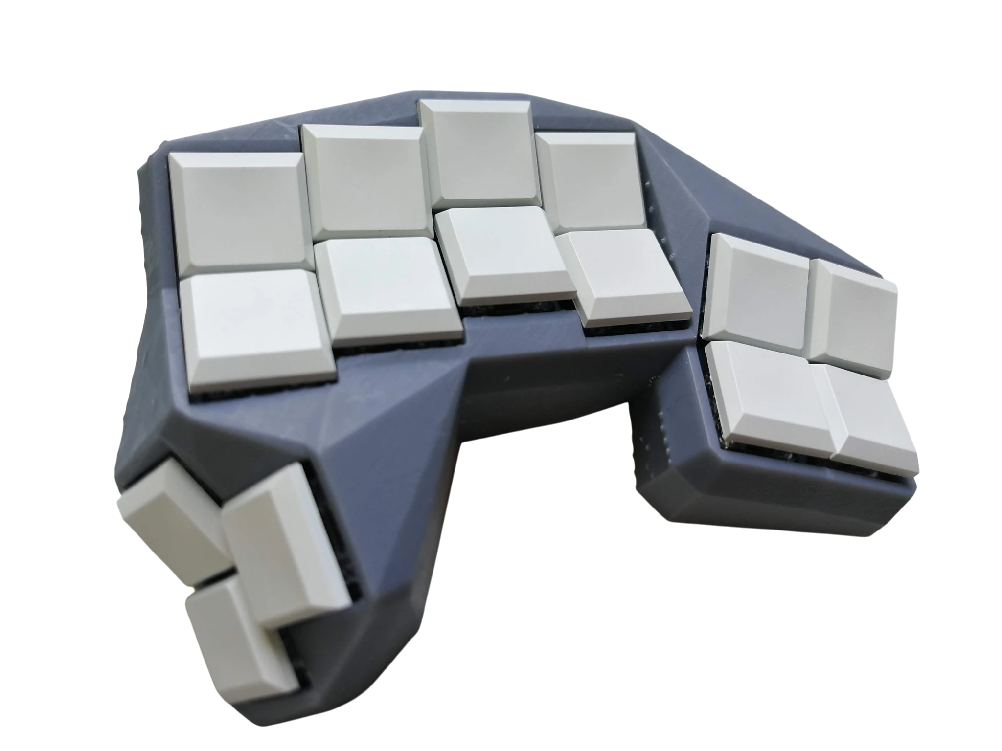 Custom split keyboard with an angular dark blue-grey case